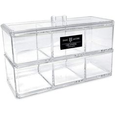 clear acrylic makeup organizer with dividers and labels on the front, set of 3