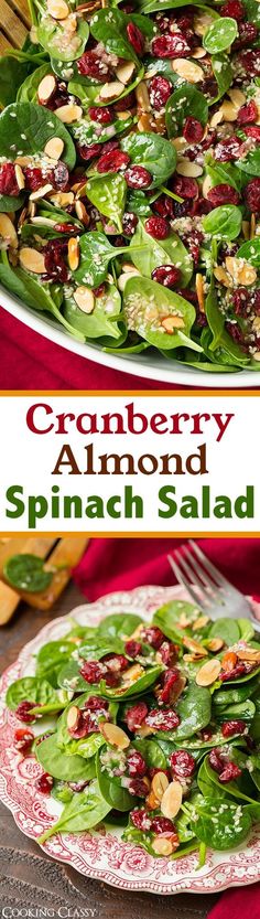 spinach salad with cranberry and almonds on top