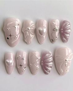 Feminine Nails Aesthetic, Nails Inspo Coquette, Kuku Pink, Tanghulu Nails, Coquette Nail, Fake Nails Designs, Nails Gel Nails, Custom Press On Nails, Hello Nails