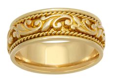 a gold wedding ring with an intricate design