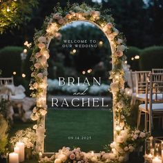 a wedding arch decorated with flowers and lit candles for the entrance to the ceremony venue