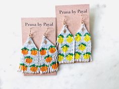 These earrings are summer ready!! Fun and playful! 🍊🍋 These earrings are made with delicate Miyuki Delica beads and each bead is hand woven. These are super light.  The ear wire is base metal and is nickel and lead free. Please let me know if I can answer any questions. These can be customized to your preference of color! Visit my Etsy shop for more: https://etsy.me/3my7URS Length - 2.25 inches Drop length - 2.75 inches Width - 1 inch Miyuki Delica Beads, Long Fringe, Long Fringes, Delica Beads, Summer Gift, Earrings Long, Earrings Boho, Summer Ready, Fringe Earrings