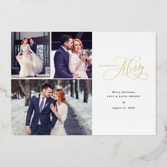 a wedding photo collage with the word merry on it and three photos in black