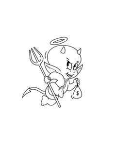 an animal with a pitchfork and money bag on its back, in black and white