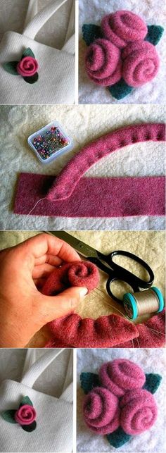 four pictures showing how to make a flower out of yarn and felt with scissors on the side