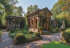 an outdoor garden with lots of trees and plants in the center, surrounded by hedges