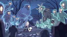 an animated scene with many people in the background and ghost like figures on the ground