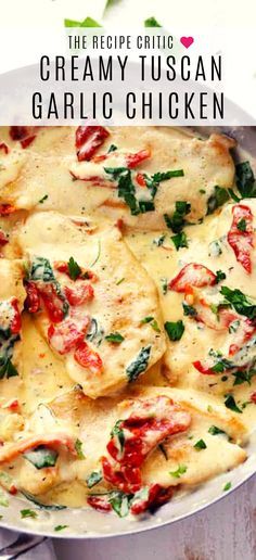 the recipe for creamy tuscann garlic chicken is shown in a pan with spinach and tomatoes