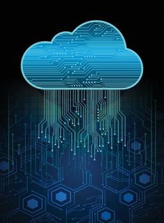 a cloud that is floating in the air over a circuit board background with hexagon cubes