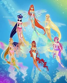 the four fairy princesses are all wearing different outfits and hair colors, with bubbles around them