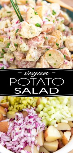 potato salad in a bowl with the title above it