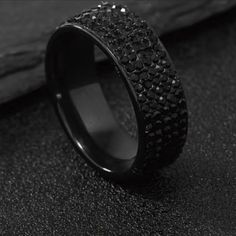 Men’s Black Rhinestone Stainless Steel Ring Black Stainless Steel Rings For Streetwear, Black Round Jewelry For Streetwear, Wolf Pendant Necklace, Ice Ring, Ring For Man, Art Deco Sapphire Ring, Cuban Link Chain Necklaces, Black Ice, Stainless Steal