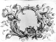 a drawing of flowers and leaves in the shape of a letter o on a white background