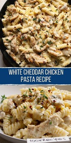 chicken pasta with white cheddar sauce in a skillet and on the side