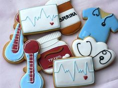 decorated cookies with medical symbols and stethoscopes