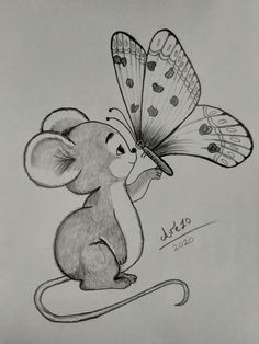 a drawing of a mouse with a butterfly on its back