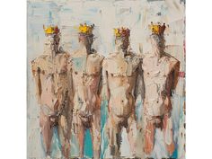 three nude men with crowns on their heads are standing in front of a blue and white background