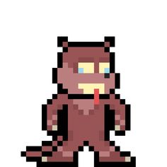 an old school pixel art style character sitting on the ground with his tongue sticking out