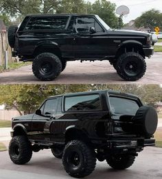 two pictures of a black truck with big tires on the front and side, one is off road