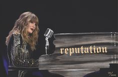 a woman standing next to a piano with a microphone in front of her and the words reputation written on it