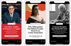 three cell phones showing the same ads for different businesses, one with an image of a woman and two men