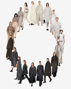 a group of people standing in the shape of a circle on a white background, all wearing coats and jackets