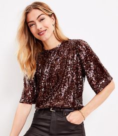 A simply perfect and understated silhouette illuminated by sequins, this top is a polished approach to a little glam for every day - and evening, too. Round neck. Short sleeves with puff shoulders. Back hook-and-eye closure. Lined.,Bullet1:21 1/2" long,Fabric:Fabric: Fluid woven,Imported:Imported,Fit:Fit: Relaxed - an easy shape that's just shy of loose,Length:Length: Regular - hits below natural waist,Fabrication:Shell: 95% Polyester 5% SpandexLining: 100% Polyester,Garment Care:Machine Washable Loft Petite Sequin Top Size Medium Dark Brown Women's by Loft Size Petite - M Dark Brown Women's Crew, Neck, Blouse, Tops, Dressy, Shell:, 95%, Polyester, 5%, SpandexLining:, 100%, Polyester, Machine, Washable Brown Sequin Top Outfit, Sequin Blouse Outfit, Sequins Top Outfit, Tie Waist Maxi Dress, Wedding Sarees, Easy Shape, Tie Neck Tops, Top Outfit, Christian Wedding