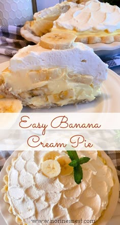 Top Photo: Slice of Banana Cream Pie on a white plate with the whole pie in the background. Bottom Photo: Overhead shot of banana cream pie. Banana Cream Pie Recipe With Cream Cheese, Banana Cream Jello Recipes, Banana Cream Pie Recipe With Pudding And Cool Whip, The Best Banana Cream Pie Recipe, Easy No Bake Banana Cream Pie, Jello Banana Cream Pie Instant Pudding, Banana Crème Pie, Banana Cream Pie With Meringue, Jello Banana Cream Pie Recipe