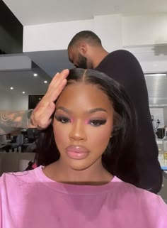 Light Beat Makeup Black Women Pink, Pink Waterline Makeup Black Women, Soft Glam With Pop Of Color, Pink Eyeliner Looks Black Women, Natural Makeup With Pink, Jt Makeup Looks, Makeup Black Women Glam, Pink Soft Glam Makeup Black Women, Makeup Inspo Black Women