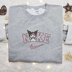 Kuromi x Nike Embroidered Cartoon Shirt, Nike Inspired Embroidered Shirt, Best Gift for Family Nike Cartoon, Disney Character Shirts, Nike Inspired, Best Family Gifts, Maroon Hoodie, Embroidered Shirts, Mike Wazowski, Heart Embroidery, Hoodie Material