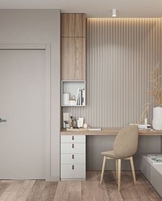 a room with a desk, chair and shelves on the wall in front of it