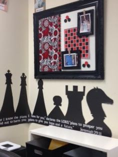 this is an image of a chess board wall decal in the corner of a room