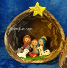 nativity scene in basket with golden star on blue background