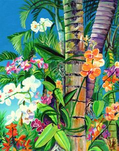 an oil painting of tropical flowers and palm trees