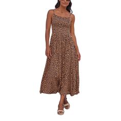 This feminine midi dress with a leopard print flows in a fashionable length. * Smocked bodice * Ruffled edge along the square neckline * Midi length, hits at calf * Adjustable spaghetti straps * Airy and lightweight thanks to soft viscose jersey fabric * Print may vary * Belt not included * Length approx. 32.25 inches * 100% Viscose. Sustainable Viscose. Imported. * Machine washable Casual Leopard Print Midi Dress, Summer Leopard Print Ruched Dress, Summer Ruched Leopard Print Dress, Sundress Summer, Dress Leopard, Ruched Midi Dress, Leopard Spots, Mini Skater Dress, Print Midi Dress