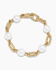 Elegant White Chain Bracelet With Solid Link, Elegant White Chain Bracelet, Elegant White Bracelet With Solid Link Construction, Elegant White Oval Link Bracelets, Elegant White Link Chain Bracelet, Elegant White Oval Link Bracelet, Elegant White Bracelets With Gold Chain, Freshwater Cultured Pearls, Pearl Chain