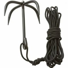 a black rope with an anchor hook on the end and two hooks attached to it