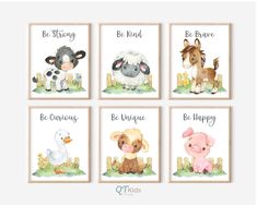 four farm animals are shown with the words be strong, be brave and be happy