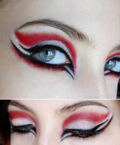 56 Ideas For Nails Red Gold White Eye Makeup #nails #makeup #eye Ninja Makeup, Color Guard Makeup, Best White Eyeliner, Sith Makeup, Seuss Costumes, White Eye Makeup, Eyeliner Designs, Show Makeup, Performance Makeup