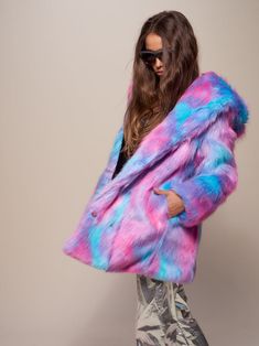 Women's Faux Fur Coat - Classic Our Colorful Faux Fur Coat for Women in Cotton Candy Bear features an oversized hood with ears and beautiful custom Bear buttons. This shaggy faux fur has a tie-dye print and is perfect as festival clothing, for nightlife, or as a party outfit. Cotton Candy Bear Characteristics OPTIMISTIC • LOVING • ADVENTURERDo you have the spirit of the Cotton Candy Bear? If you do, people are drawn to your compassionate, positive outlook on life and ability to soar through situ Colorful Faux Fur Coat, Womens Faux Fur Coat, Endangered Animals, Fur Coats Women, Positive Outlook, Tie Dye Print, Faux Fur Coat, Festival Outfits, Cotton Candy