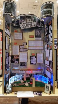 a display case with pictures and information about the area in which there is an exhibit