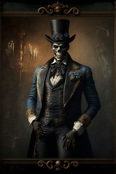 a skeleton in a top hat and suit