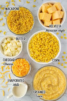 the ingredients to make macaroni and cheese in bowls