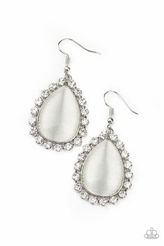 Paparazzi Accessories- Teardrop Trendsetter - White  Earrings Item #P5RE-WTXX-434XX   Glassy white rhinestones encircle a glowing white cat's eye stone teardrop, creating an elegant frame. Earring attaches to a standard fishhook fitting.   Sold as one pair of earrings. Antique Silver Earrings, Silver Pearl Earrings, Cats Eye Stone, Chic Necklace, Elegant Frame, Paparazzi Accessories, Exclusive Jewelry, White Rhinestone, Eye Stone