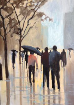 painting of people walking in the rain with umbrellas