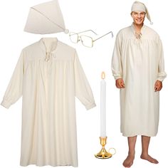 PRICES MAY VARY. Quality Material: the men's nightgown set is made from quality polyester cotton, which offers comfort and durability; The elegant beige color of the men's night sleeping cap creates a pretty look; The candle holder and the clear glasses for men with gold frames are made of metal, enhancing their longevity Nice Design: the mens humbug nightshirt set is designed with the consumer's comfort in mind, offering a soft fabric men's nightshirt that offers a restful sleep; The men's nigh Mens Nightgown Vintage, Candle Costume, Mens Nightshirts, Oc Lore, Men's Nightgown, Pajama Men, Sleeping Cap, Sleeping Gown, Victorian Nightgown