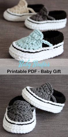 crocheted baby shoes with black and white soles are shown in three different colors