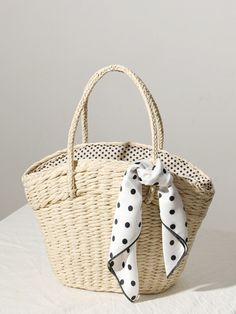 The SUMMER straw handbag has adorable shell bag with dot printed lining correspond to mini scarf attached to handle have every lovely day. Gwp Ideas, Elegant Purse, Mini Scarf, Bag Scarf, Trendy Products, Shell Bag, Stylish Purse, Wicker Bags, Straw Handbags