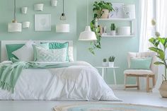 a bedroom with mint green walls and white bedding, potted plants on the wall