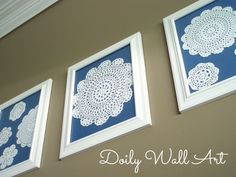 three framed lace doilies are hanging on the wall next to each other in white frames